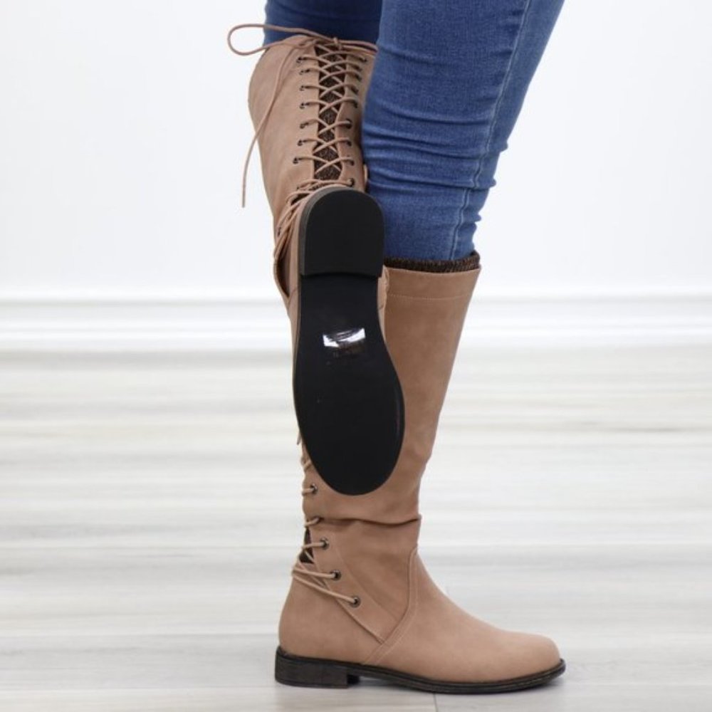 Taupe Warm Winter Mid Calf Lace Back Boots - Picture 2 of 15